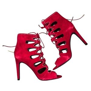 Velour Red Tie up Heels